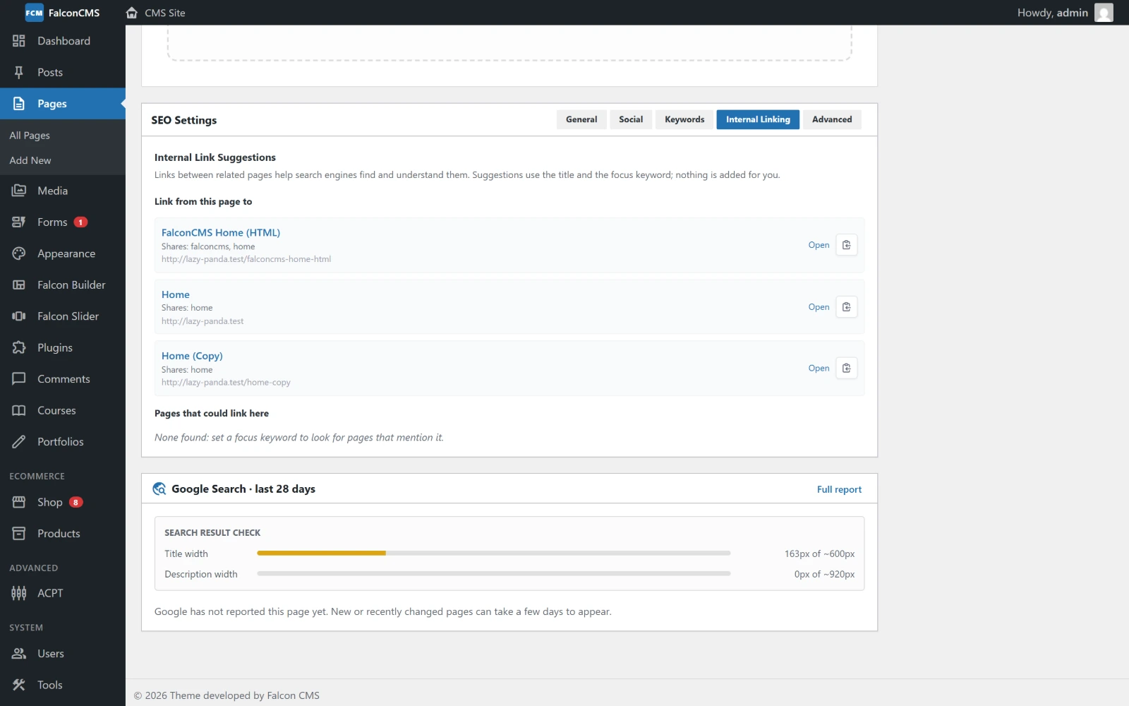 The editor's Internal Linking tab