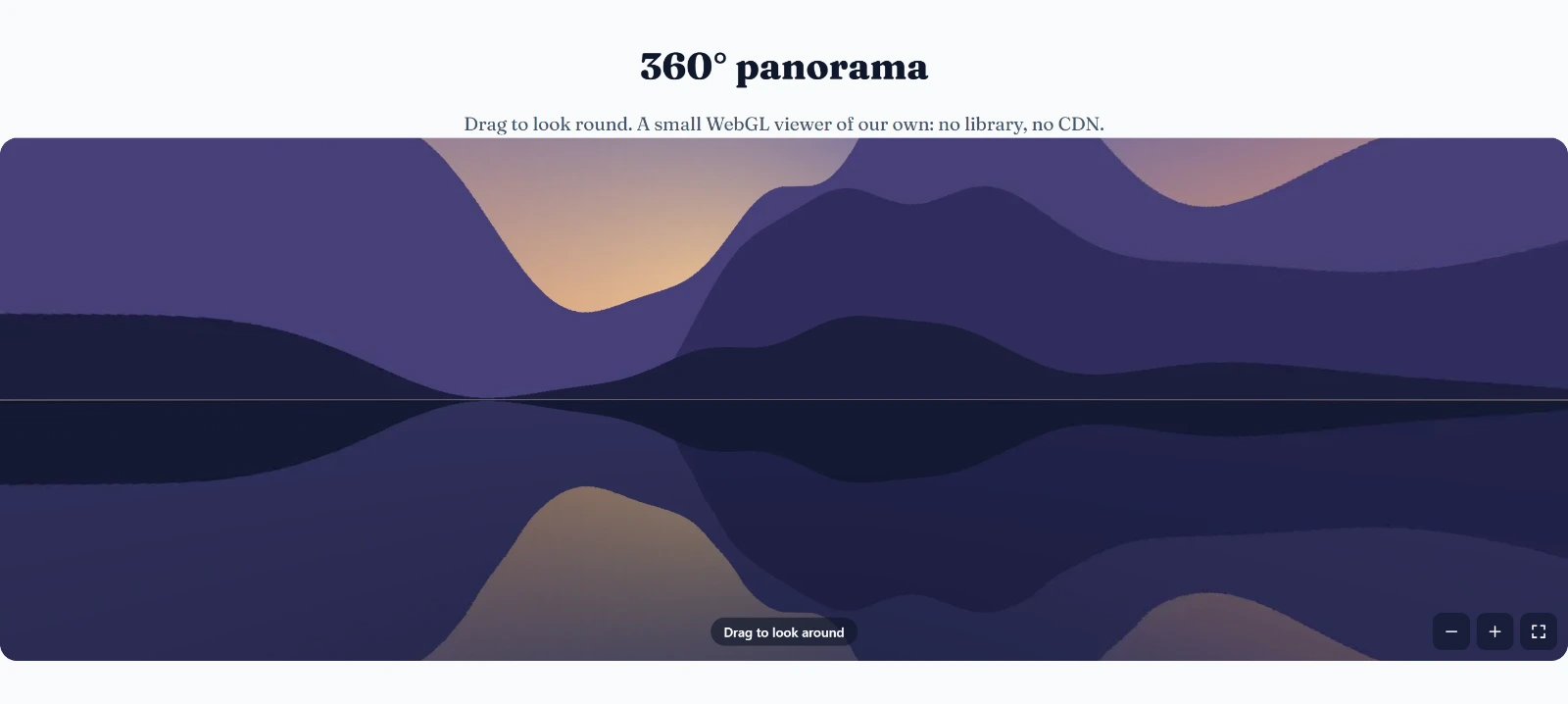 The 3D Image View element showing a 360° lakeside panorama, with zoom and full-screen buttons and a "Drag to look around" hint