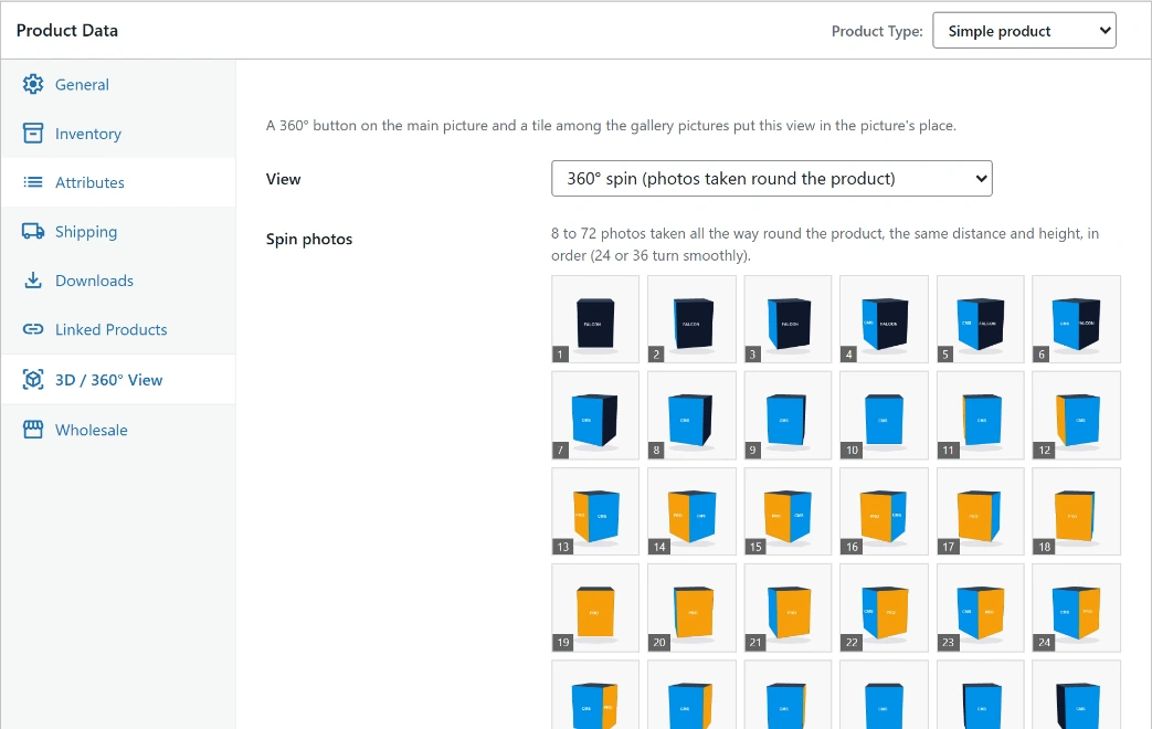 The product editor's 3D / 360° View tab: the kind of view, the 36 spin photos in order, and the turning speed