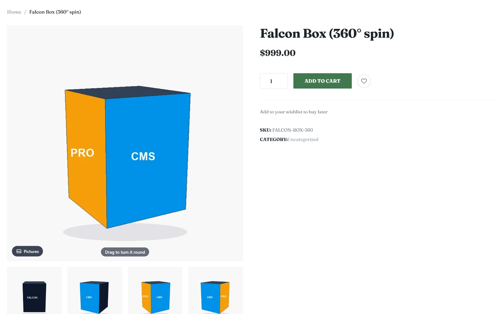 A product page with a 360° spin of a box in place of the main picture, a Pictures button, a "Drag to turn it round" hint and the gallery thumbnails below