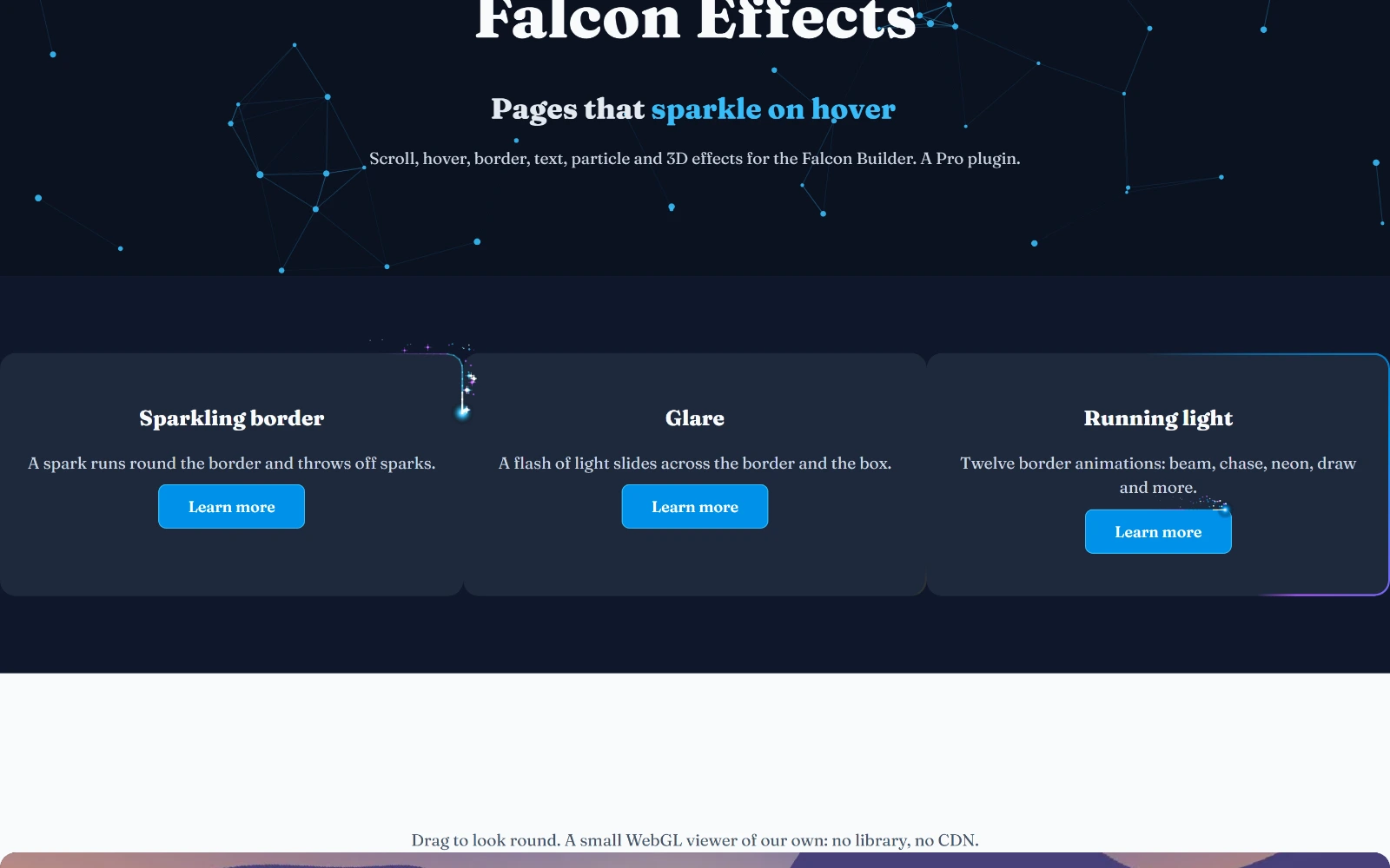 A page built with Falcon Effects: a particle background, a typed headline and cards with a sparkling, a glare and a running-light border