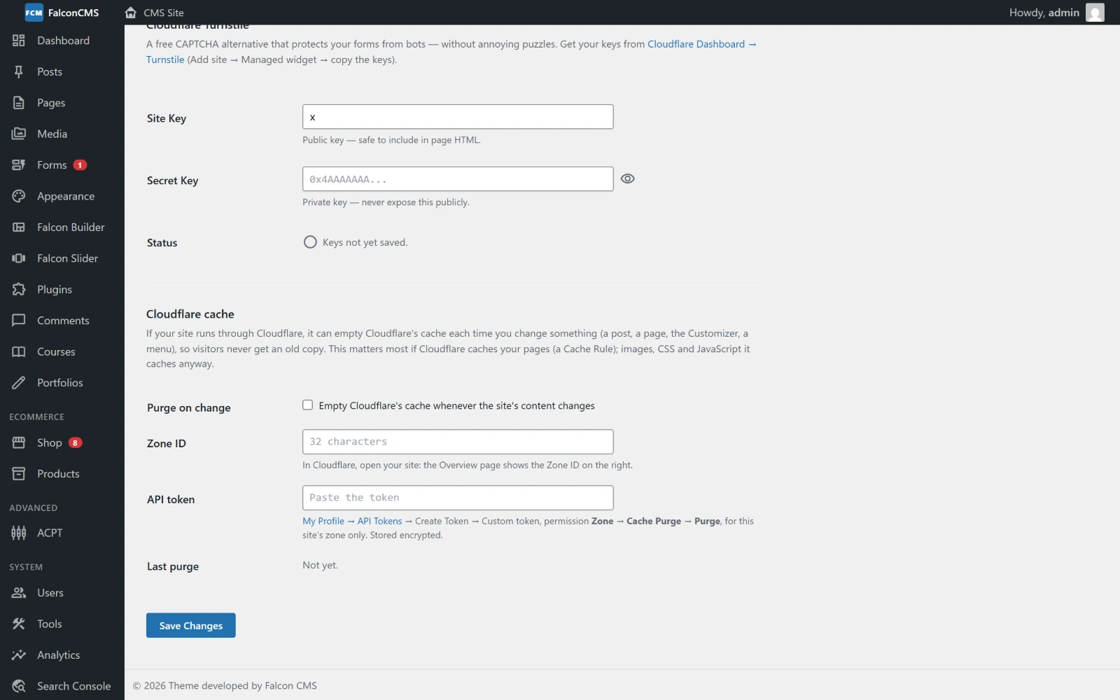 Settings → Integrations → Cloudflare cache