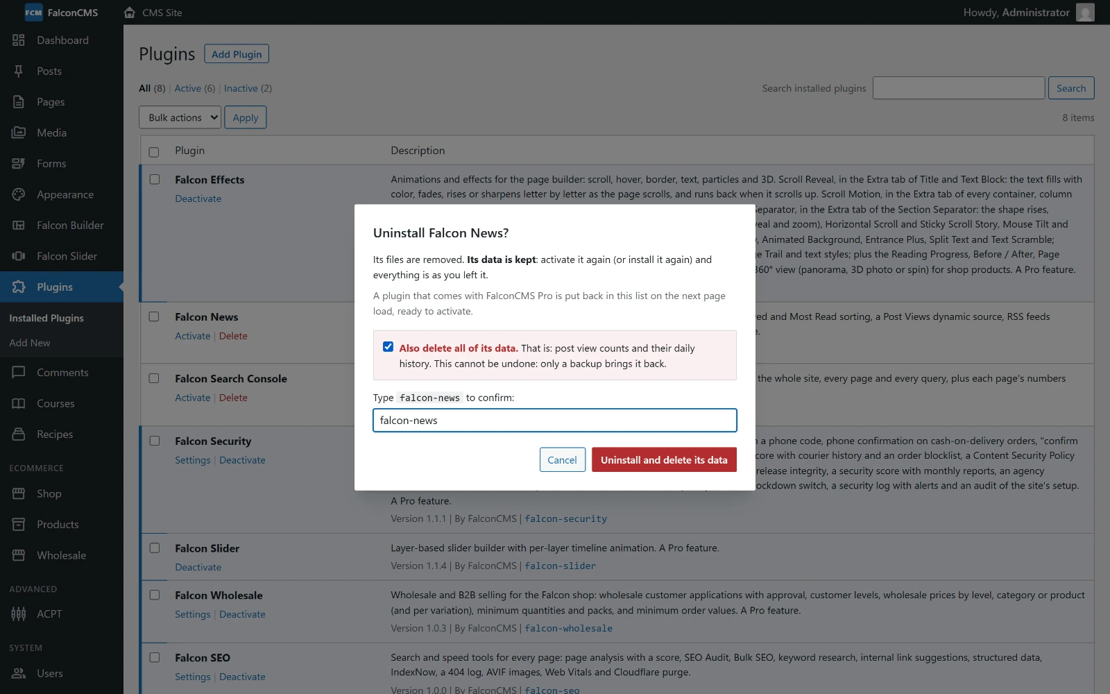 The uninstall dialog: the plugin's data is kept unless "Also delete all of its data" is ticked and its slug typed