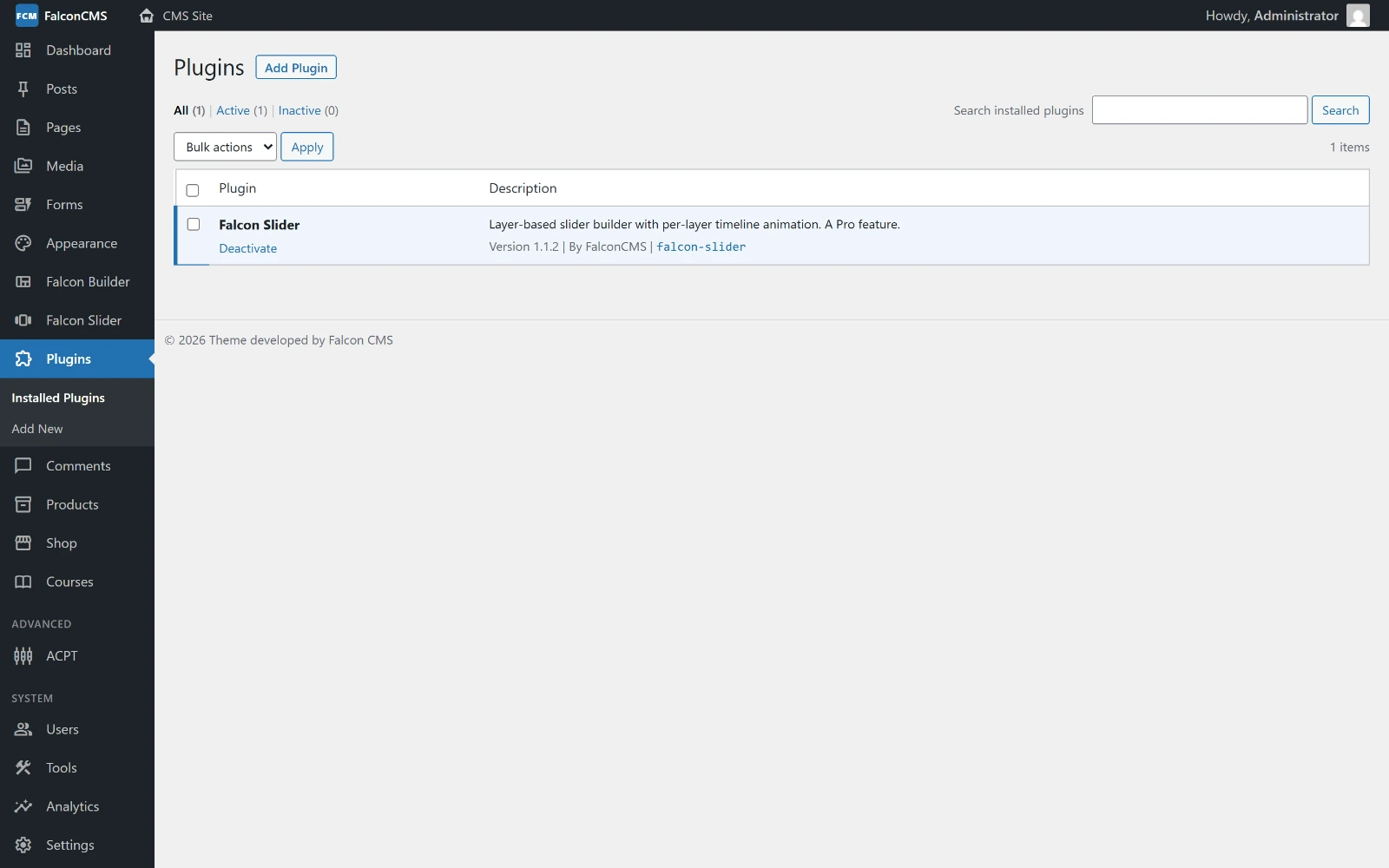 The plugins screen