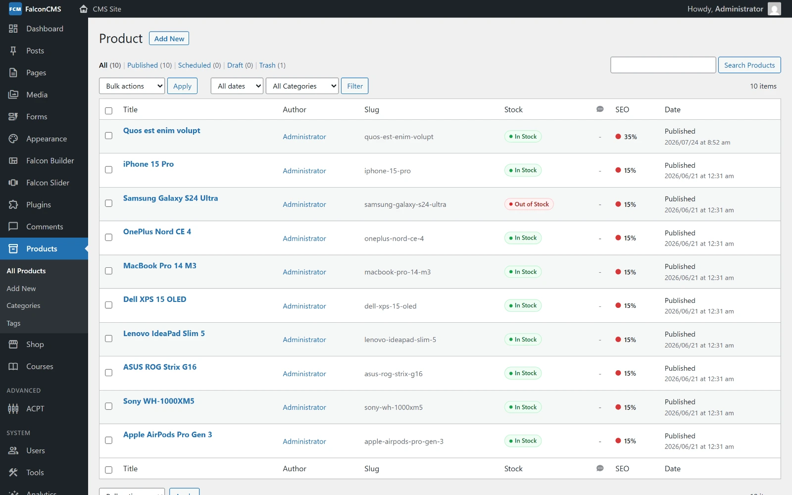 The product list
