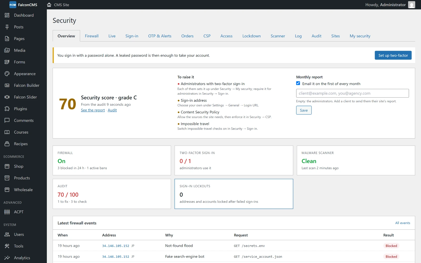 Security → Overview: the security score and grade, what would raise it, and the monthly report