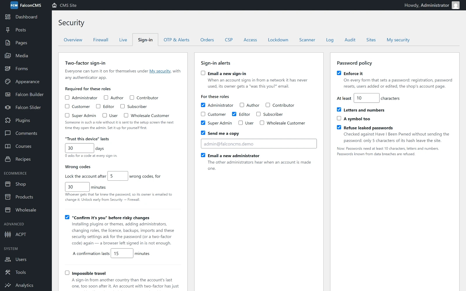 Security → Sign-in: two-factor roles, trusted devices, confirm-it's-you and impossible travel