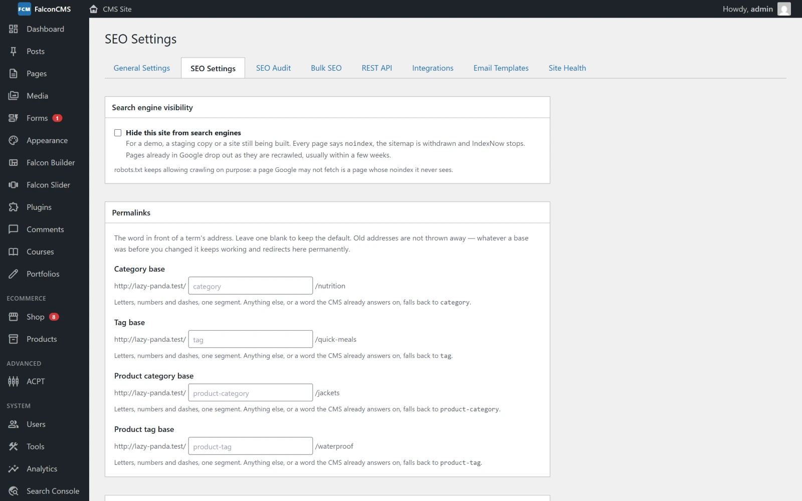 SEO → Settings