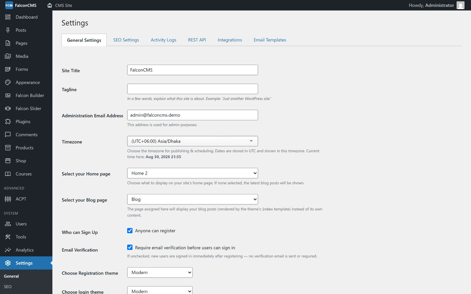 The settings screen