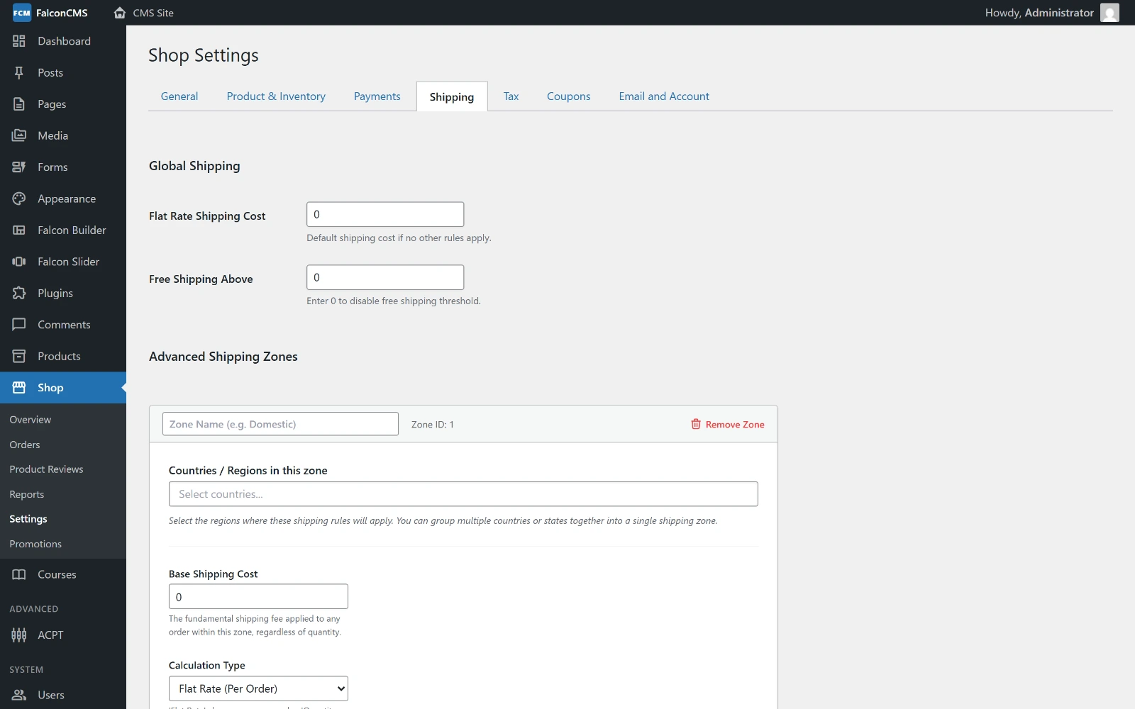 The shipping tab in shop settings