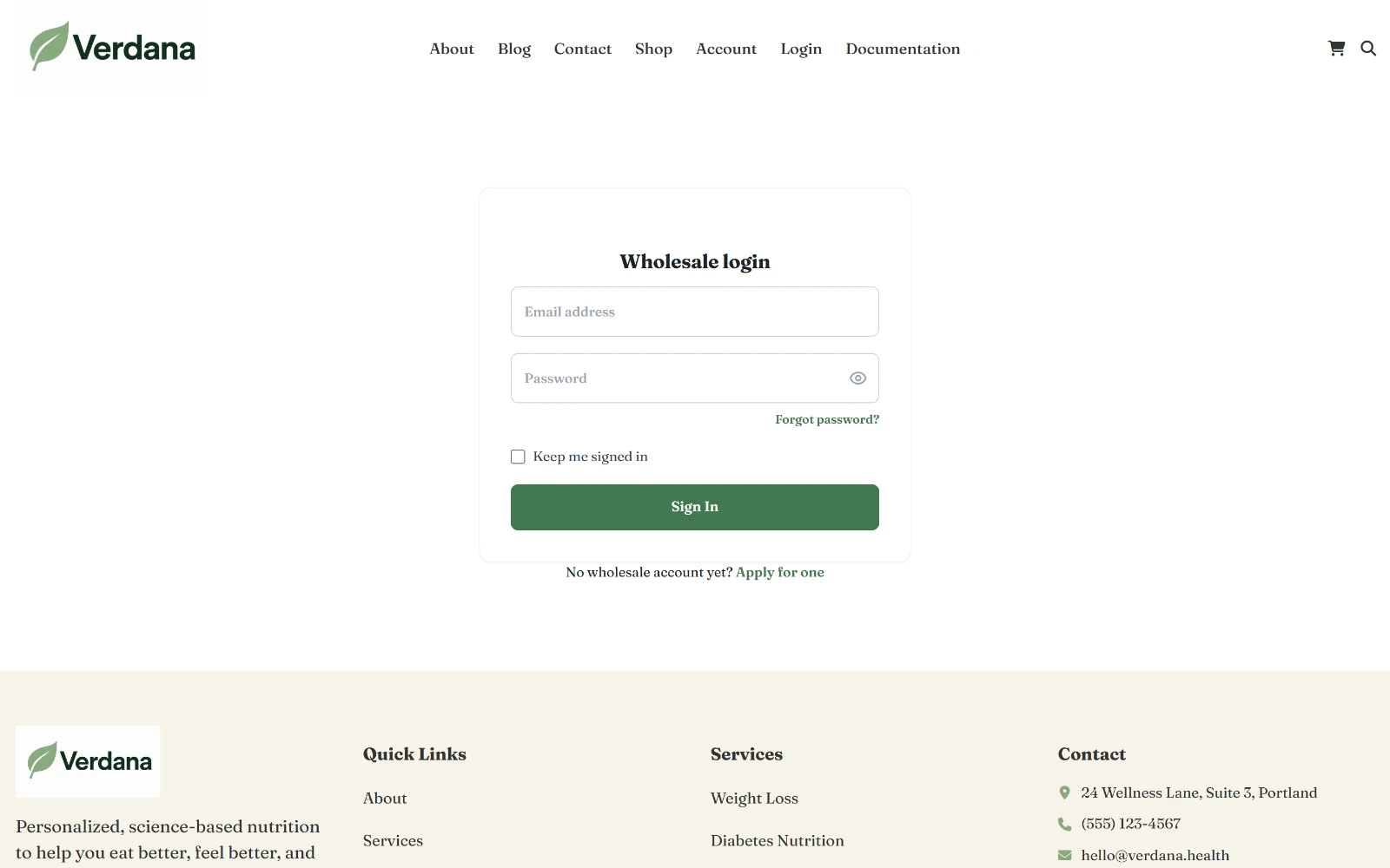The wholesale login page