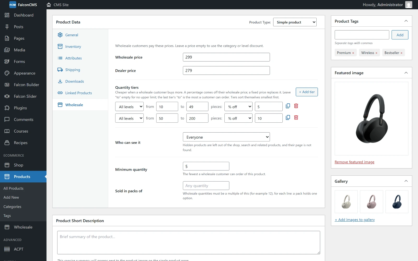 The Wholesale tab in the product editor