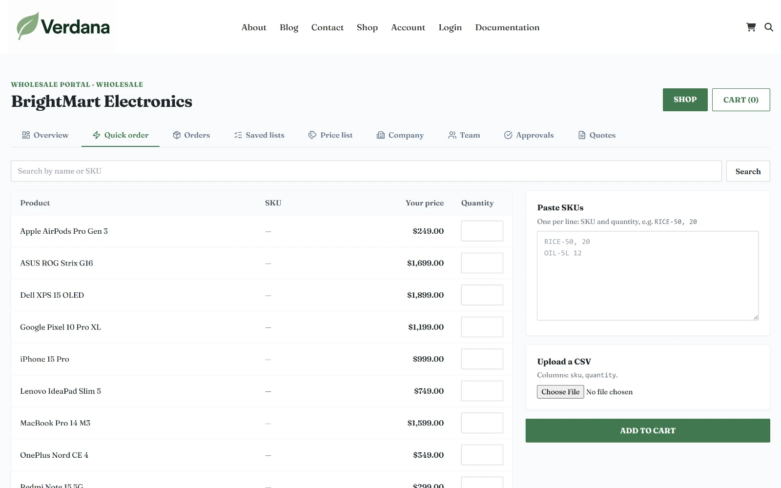 The quick order tab in the wholesale portal